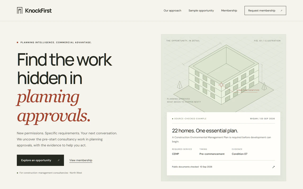 KnockFirst landing page showing its planning intelligence service.
