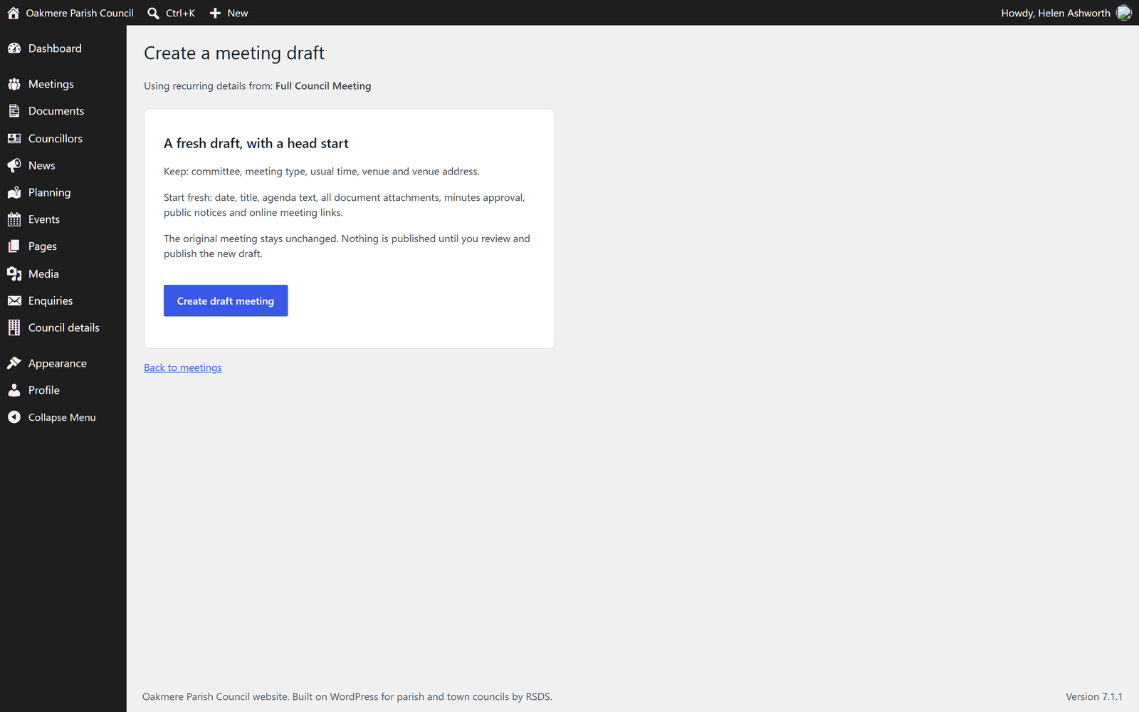 Meeting template confirmation screen explaining the fields retained and cleared