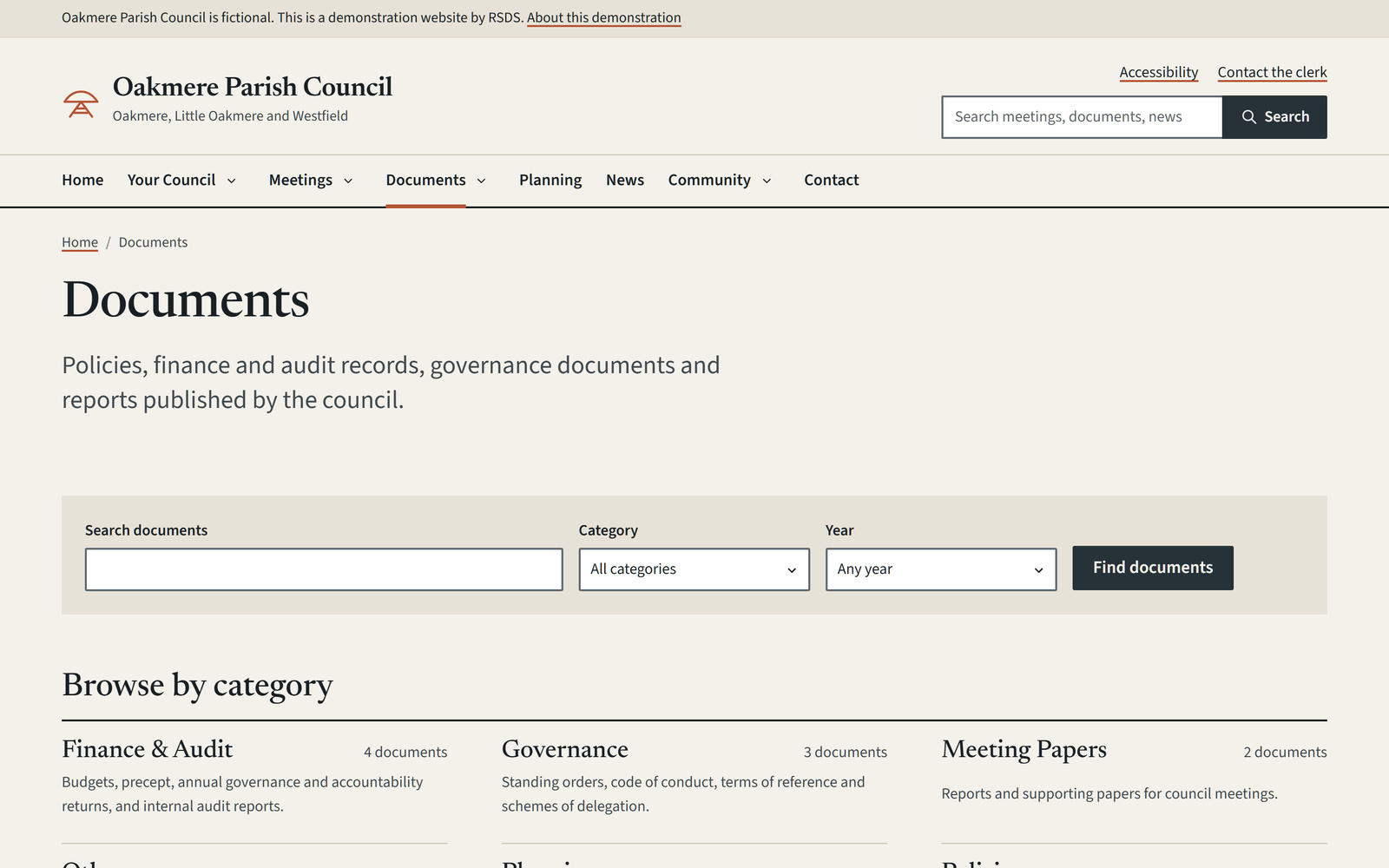 Oakmere document library with category, year and keyword filters