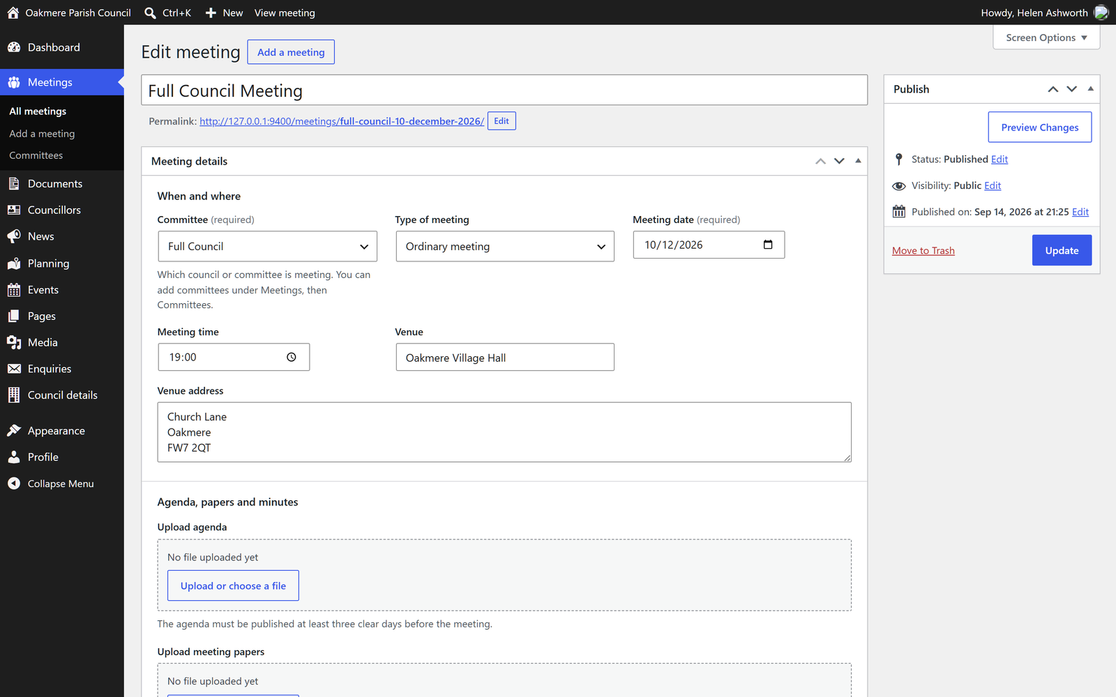 Actual meeting editor with labelled committee, date, venue and document fields