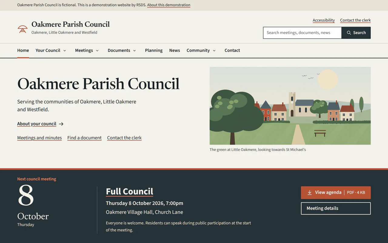 Oakmere council website, with village illustration and resident information.