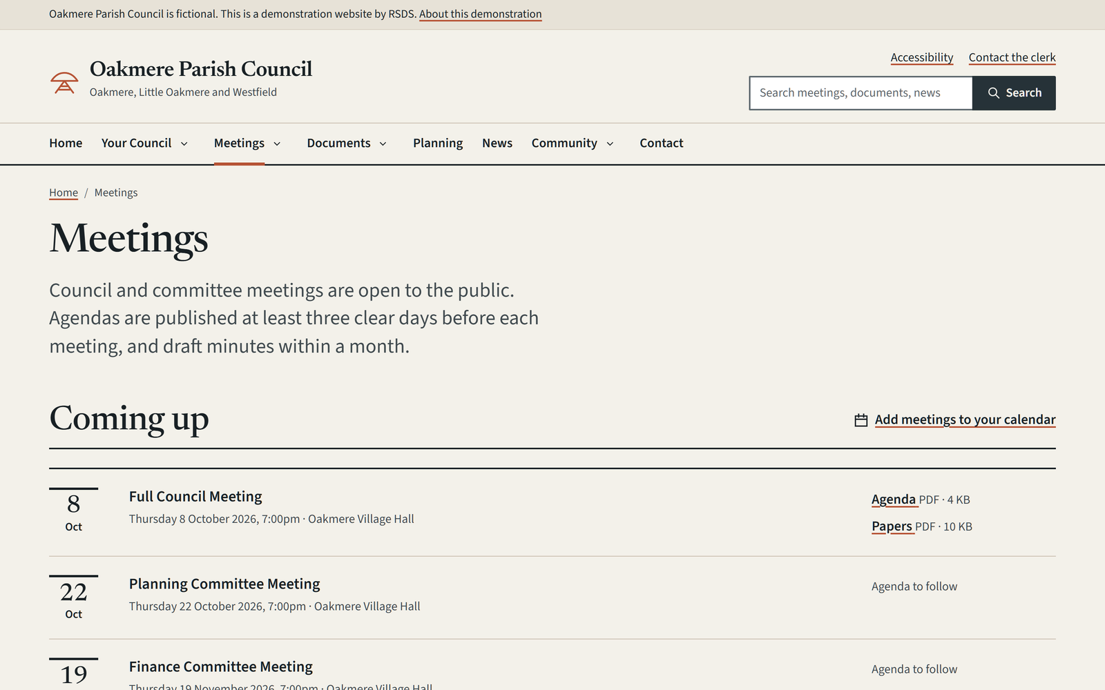 Oakmere meetings archive, with upcoming meetings and archive filters