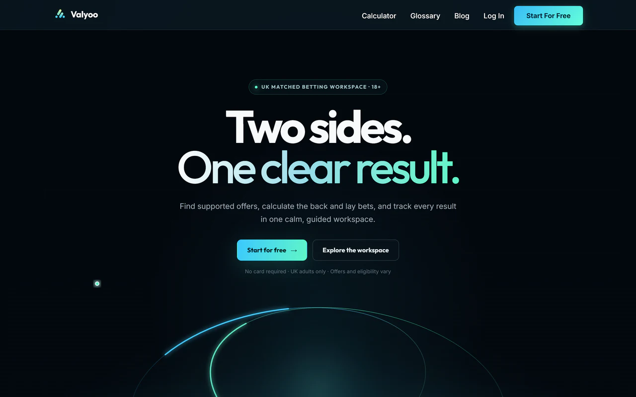 Valyoo public homepage introducing its matched betting workspace.